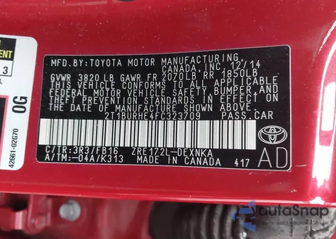 2015 Toyota Corolla Le из США, поврежденный, VIN 2T1BURHE4FC323709